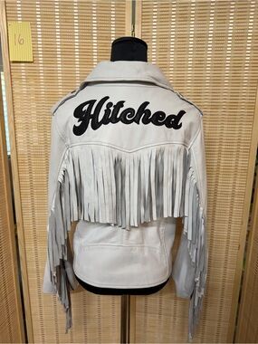 Nasty Gal Light Gray Leather Fringe Jacket with Black 'Hitched' Applique